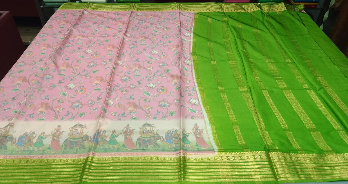 Mysore Silk Kalamkari Saree in Baby Pink with Parrot Green Pallu & Gold Border