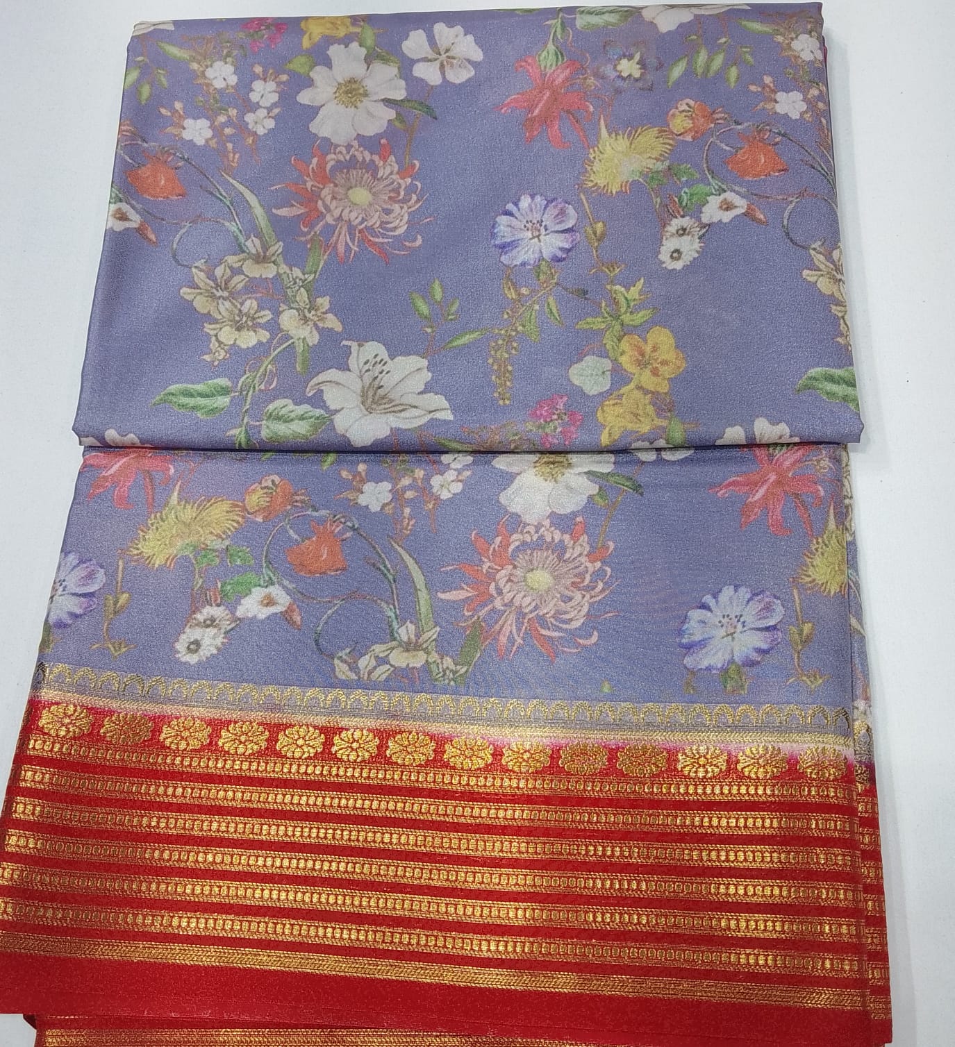 Mysore Silk Kalamkari Saree in Pastel Blue with Red Zari Border