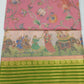 Mysore Silk Kalamkari Saree in Baby Pink with Parrot Green Pallu & Gold Border