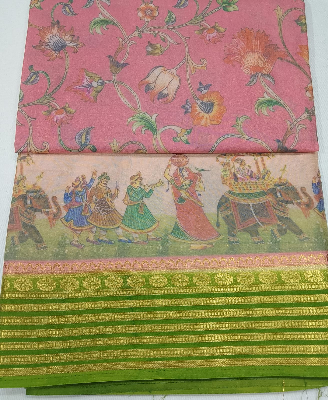 Mysore Silk Kalamkari Saree in Baby Pink with Parrot Green Pallu & Gold Border