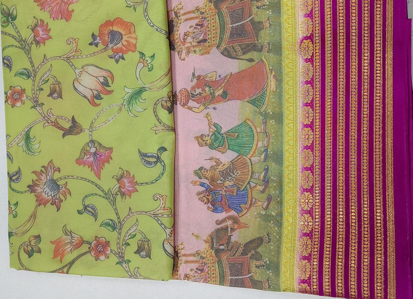 Mysore Silk Kalamkari Saree in Lime Green with Magenta Pallu & Gold Border