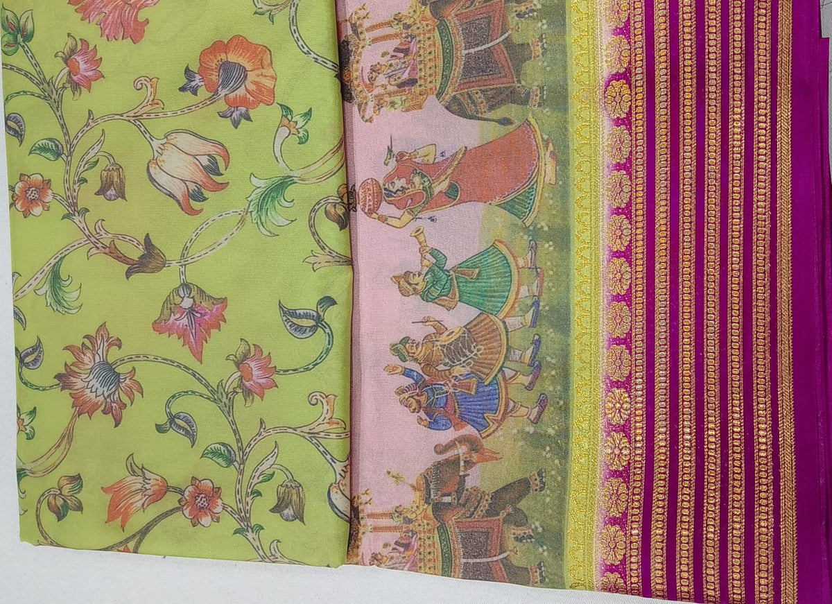 Mysore Silk Kalamkari Saree in Lime Green with Magenta Pallu & Gold Border