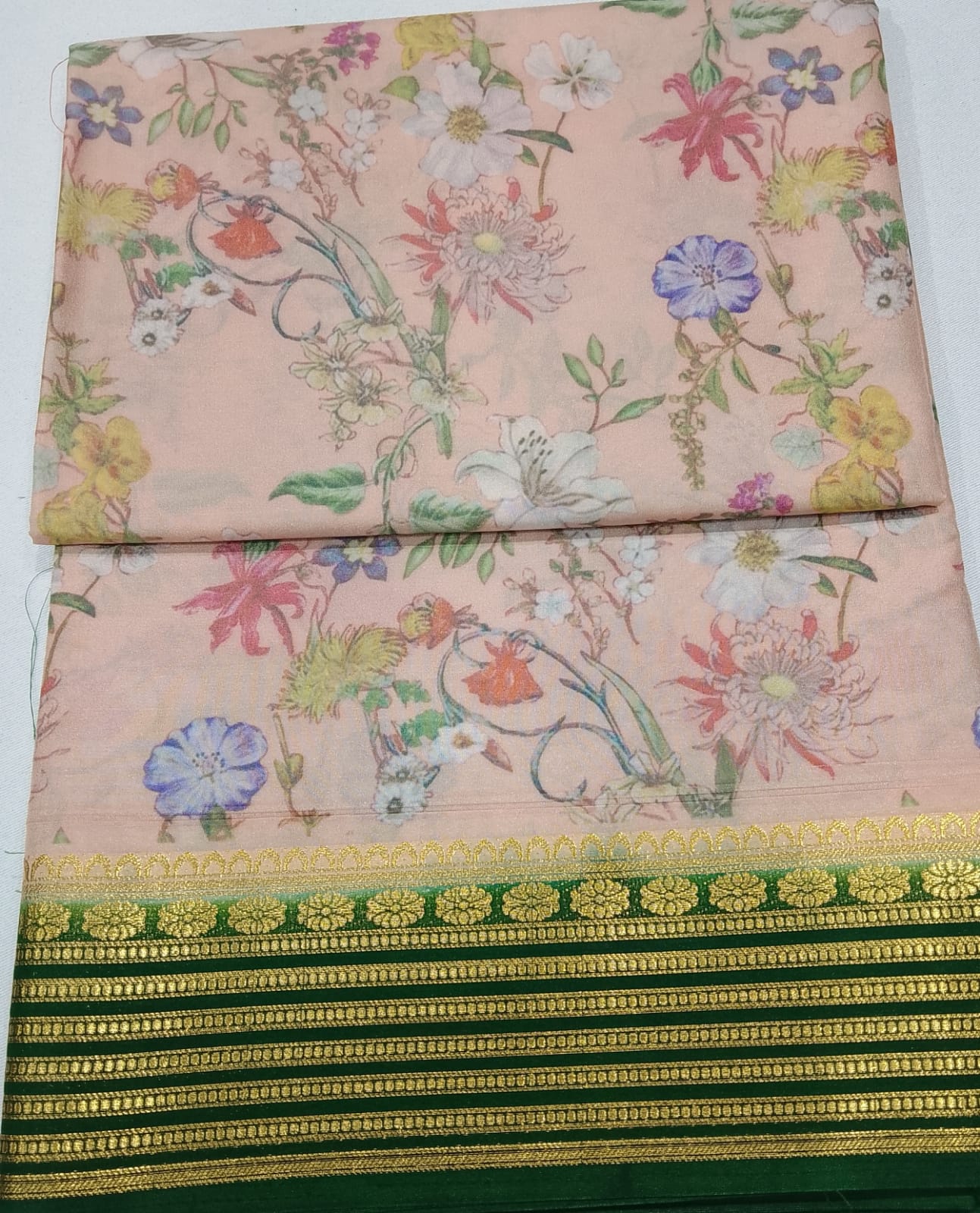 Mysore Silk Kalamkari Saree in Cream with Green Zari Pallu