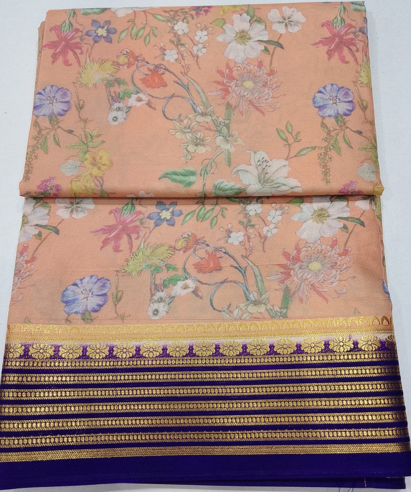 Mysore Silk Kalamkari Saree in Peach with Royal Blue Pallu & Gold Border