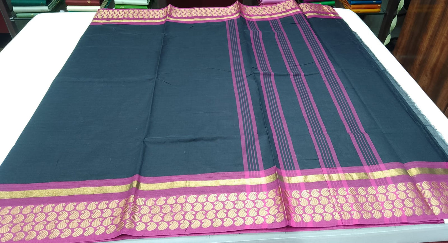 Pure Cotton Handloom Saree in Black with Rani Pink Border & Gold Motifs