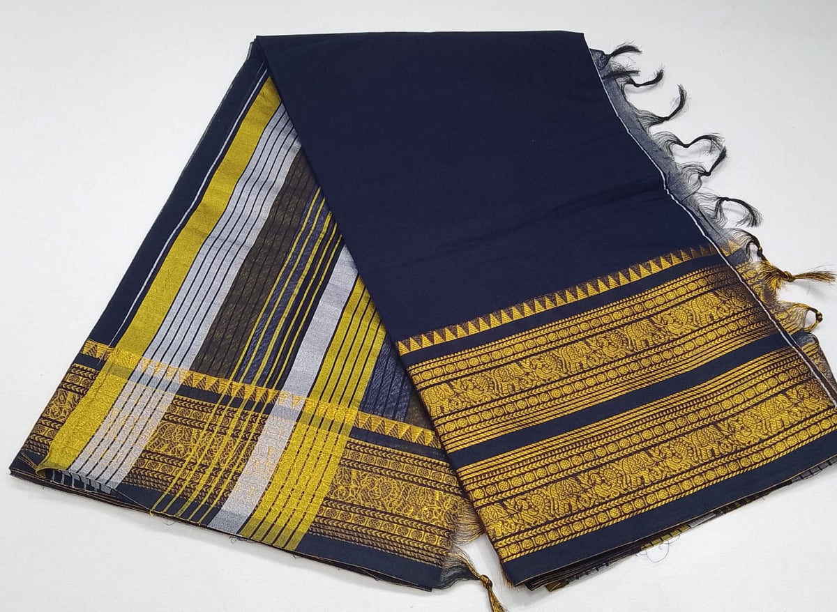 Pure Cotton Handloom Saree in Navy Blue with Gold Zari Border & Striped Pallu