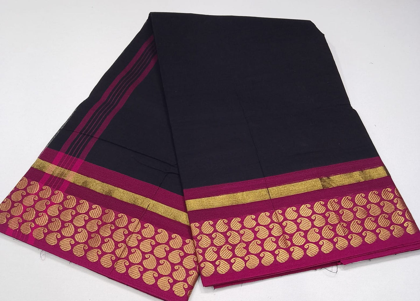 Pure Cotton Handloom Saree in Black with Rani Pink Border & Gold Motifs
