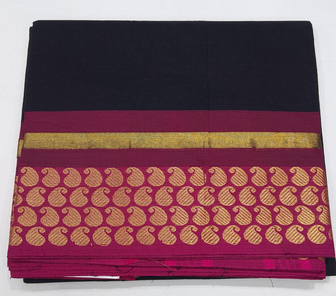 Pure Cotton Handloom Saree in Black with Rani Pink Border & Gold Motifs