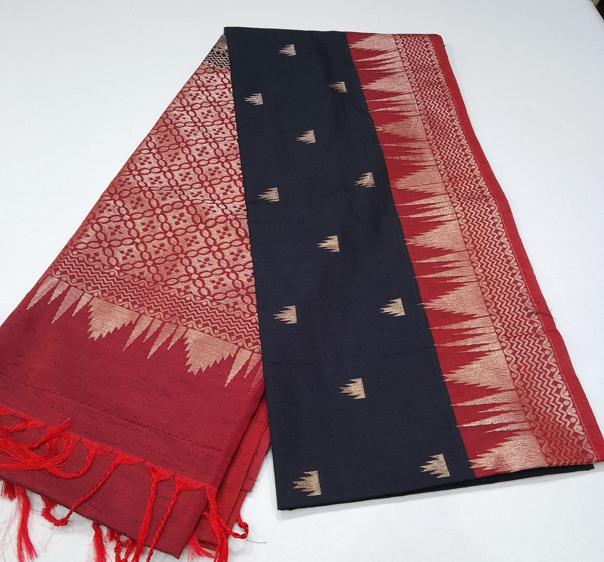 Classic Black & Maroon Pure Cotton Handloom Saree with Traditional Woven Border