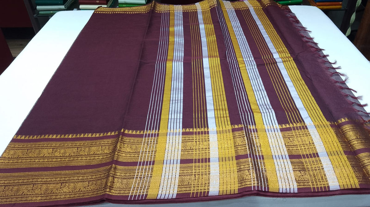 Elegant Wine Maroon Pure Cotton Handloom Saree with Traditional Zari Border