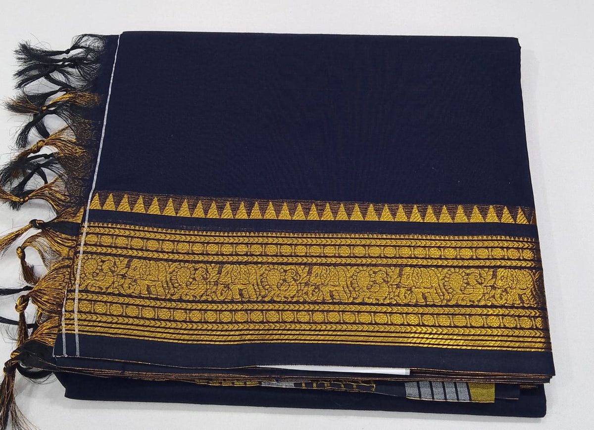 Pure Cotton Handloom Saree in Navy Blue with Gold Zari Border & Striped Pallu