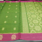 Leaf Green & Rani Pink Pure Cotton Handloom Saree with Gold Zari Floral Border
