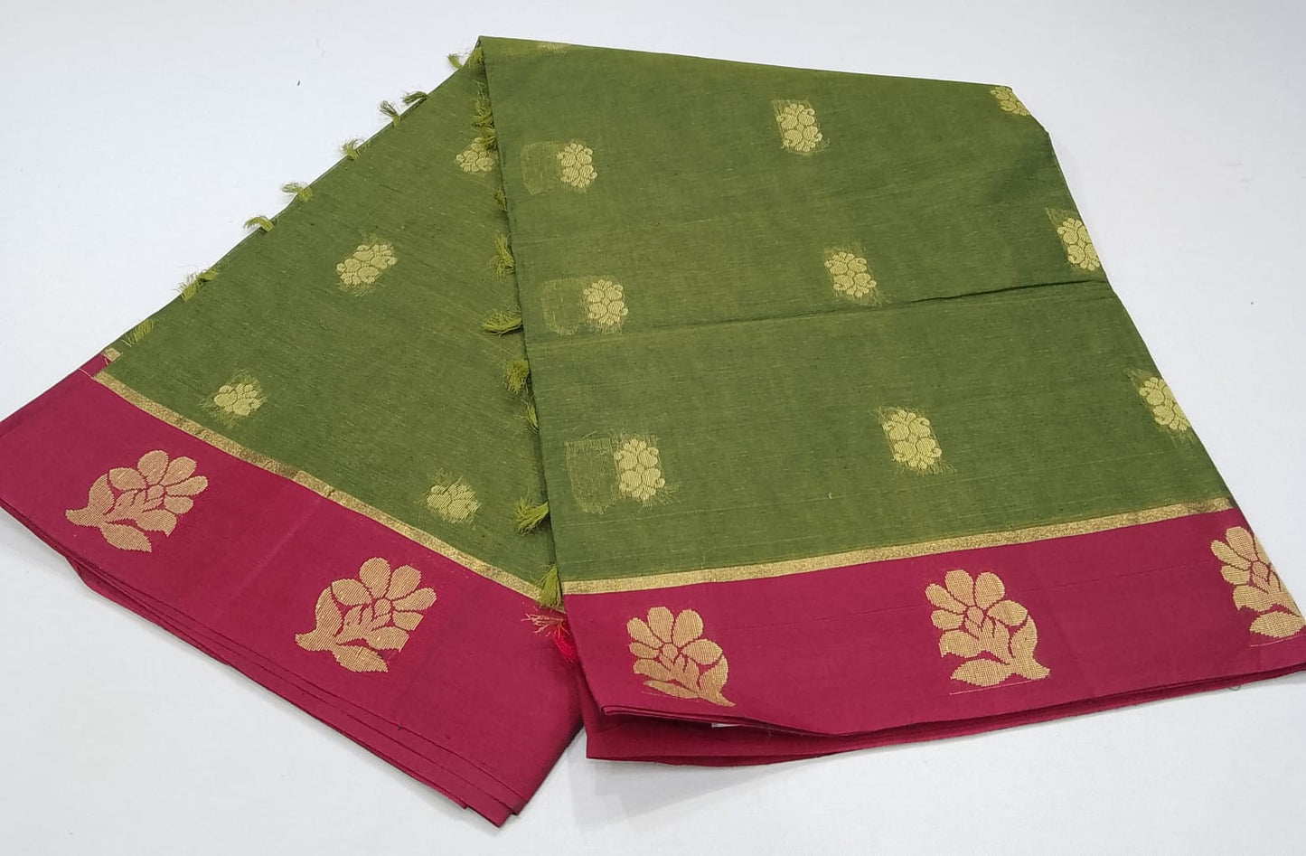 Leaf Green & Rani Pink Pure Cotton Handloom Saree with Gold Zari Floral Border
