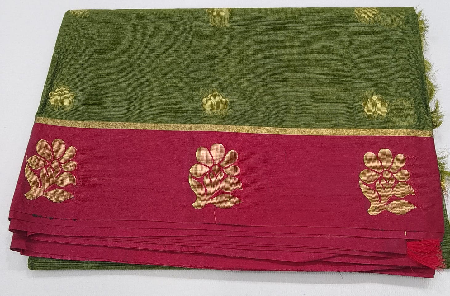 Leaf Green & Rani Pink Pure Cotton Handloom Saree with Gold Zari Floral Border