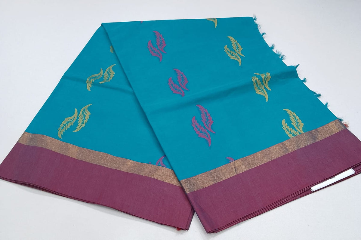 Turquoise Blue & Wine Pink Pure Cotton Handloom Saree with Dual-Tone Leaf Motifs