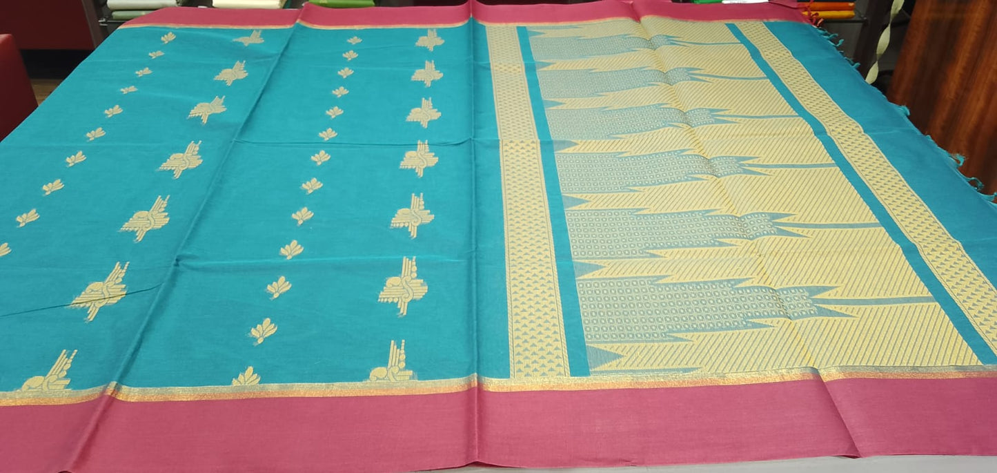 Elegant Teal Blue & Maroon Pure Cotton Handloom Saree with Gold Butta