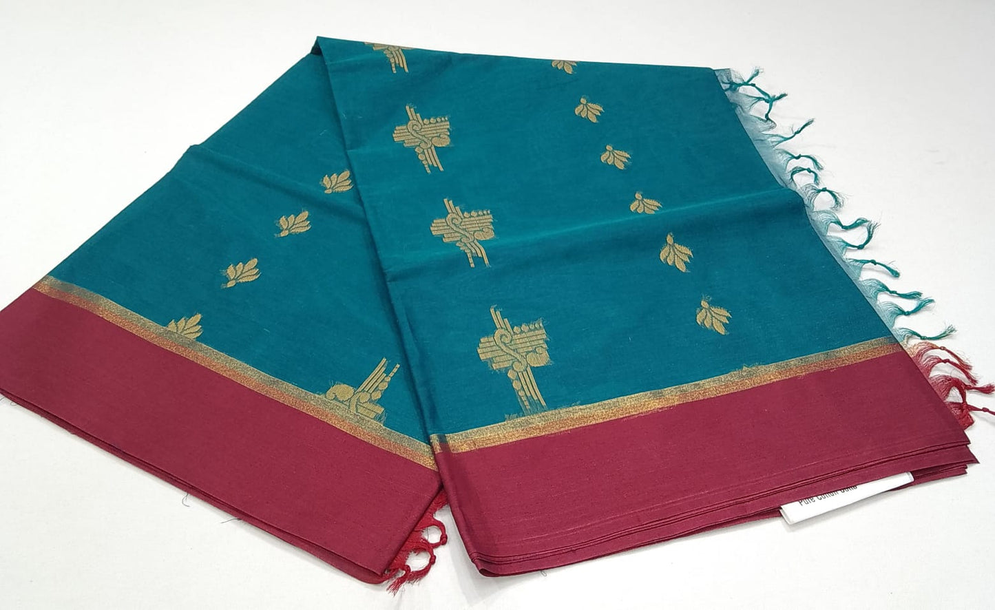 Elegant Teal Blue & Maroon Pure Cotton Handloom Saree with Gold Butta