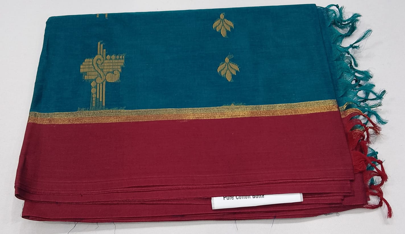 Elegant Teal Blue & Maroon Pure Cotton Handloom Saree with Gold Butta