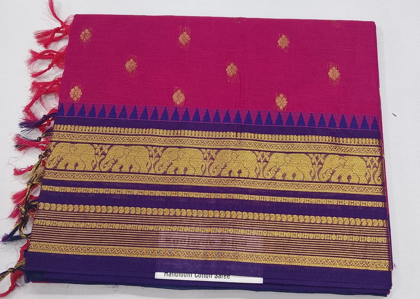 Royal Rani Pink & Blue Pure Cotton Handloom Saree with Elephant Zari Border