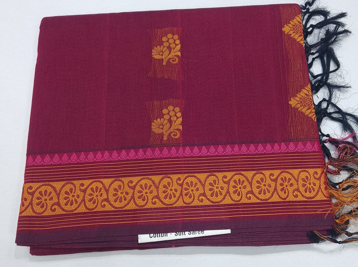 Elegant Wine Maroon Pure Cotton Handloom Saree with Gold Paisley Pallu