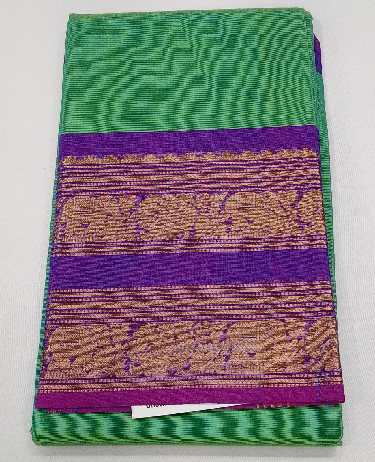 Chettinad Cotton Handloom Saree in Pastel Green with Purple Zari Border