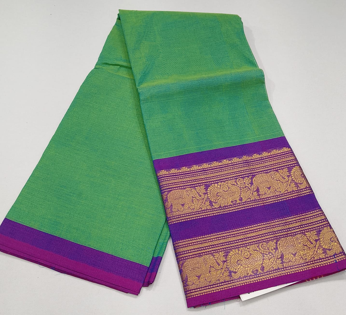 Chettinad Cotton Handloom Saree in Pastel Green with Purple Zari Border