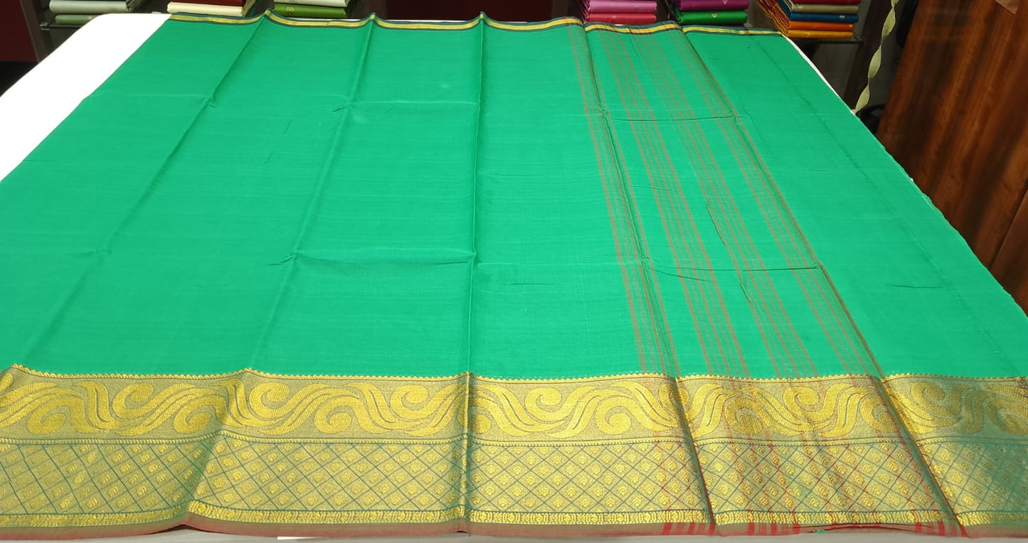 Chettinad Cotton Handloom Saree in Leaf Green with Gold Zari Border