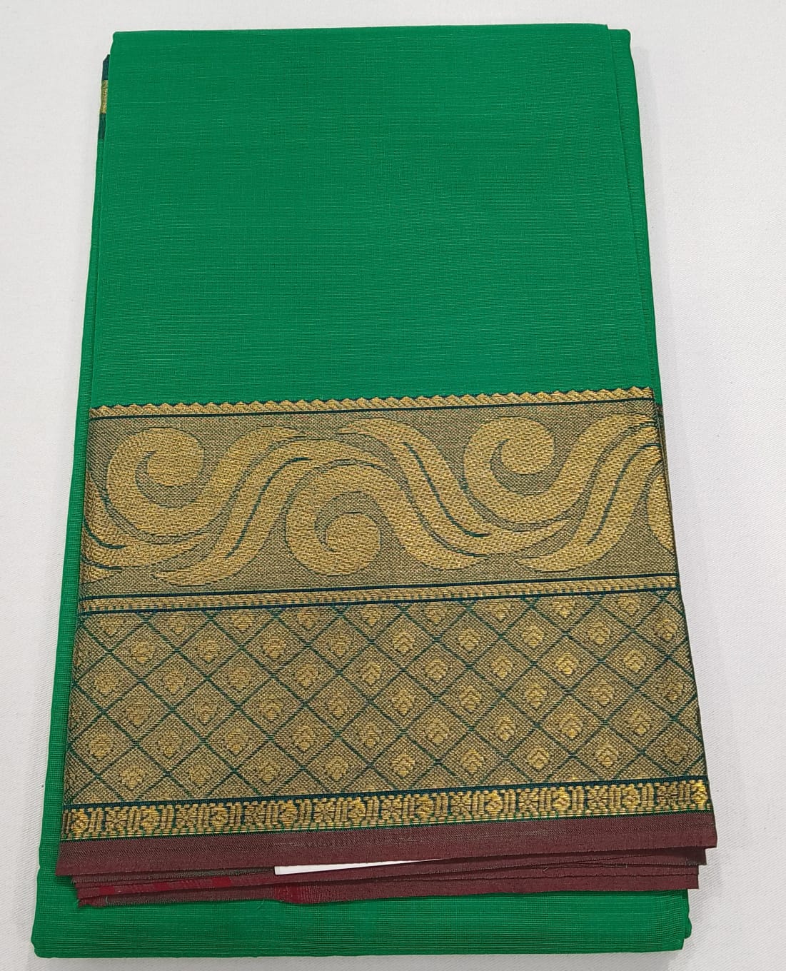 Chettinad Cotton Handloom Saree in Leaf Green with Gold Zari Border