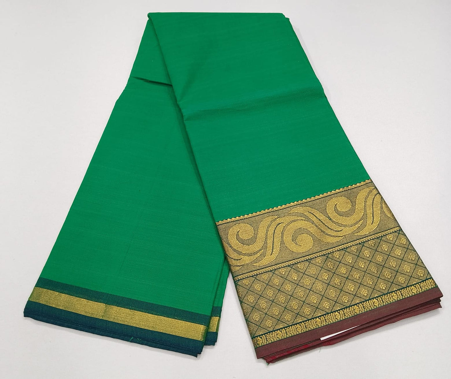 Chettinad Cotton Handloom Saree in Leaf Green with Gold Zari Border
