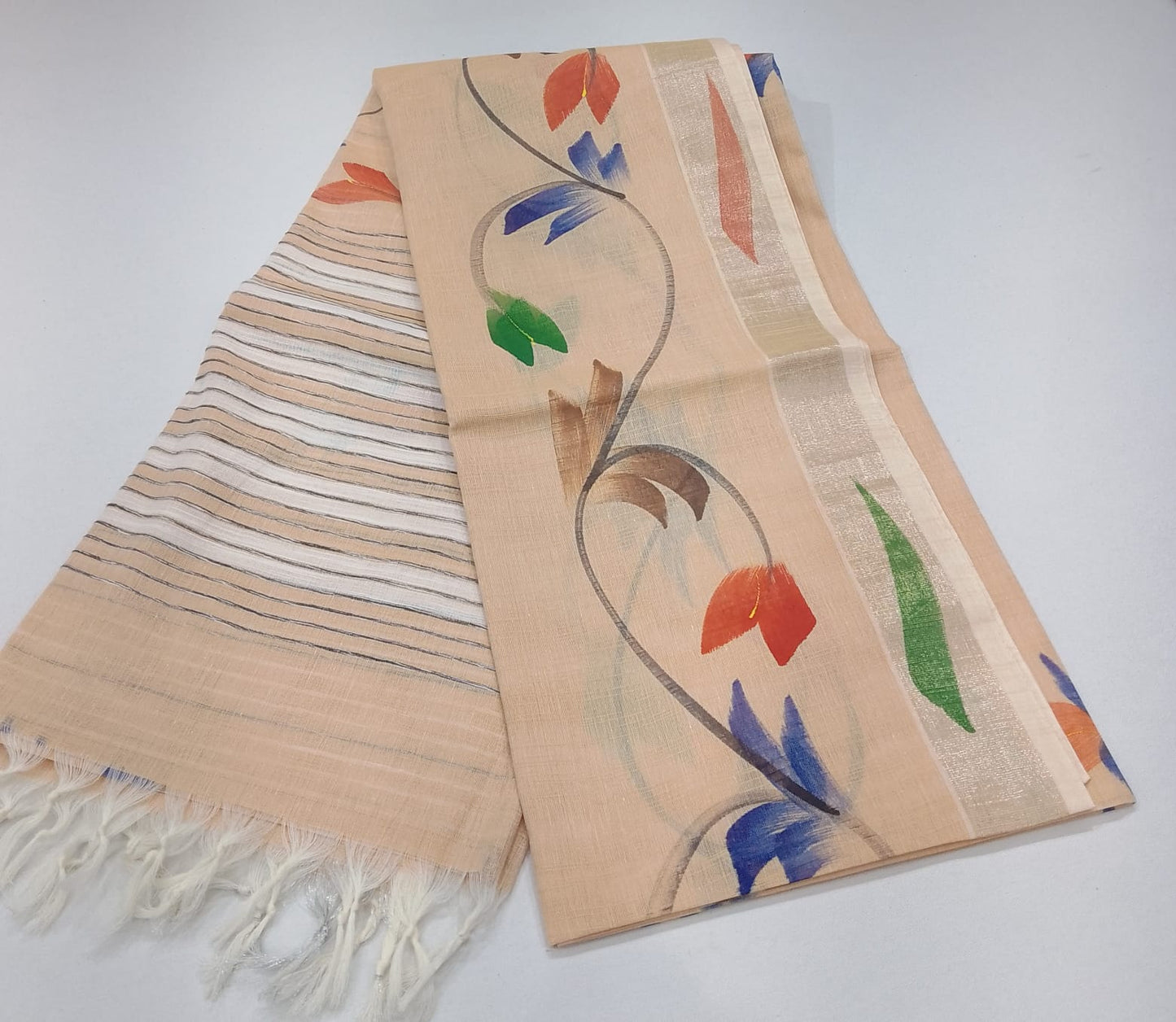 Jute Cotton Oil Paint Saree in Soft Beige with Multicolor Floral Design