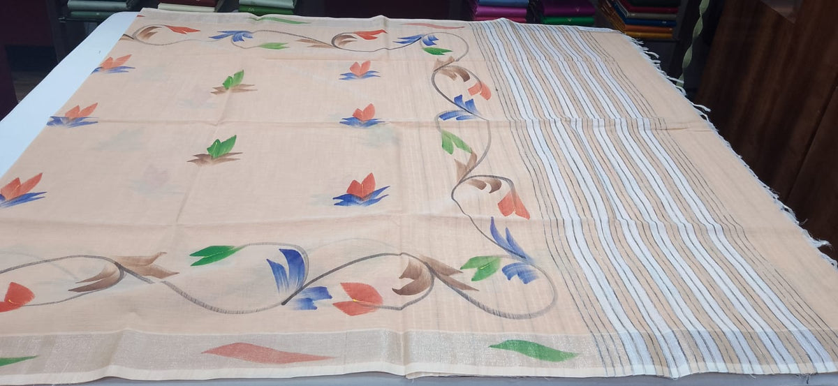Jute Cotton Oil Paint Saree in Soft Beige with Multicolor Floral Design