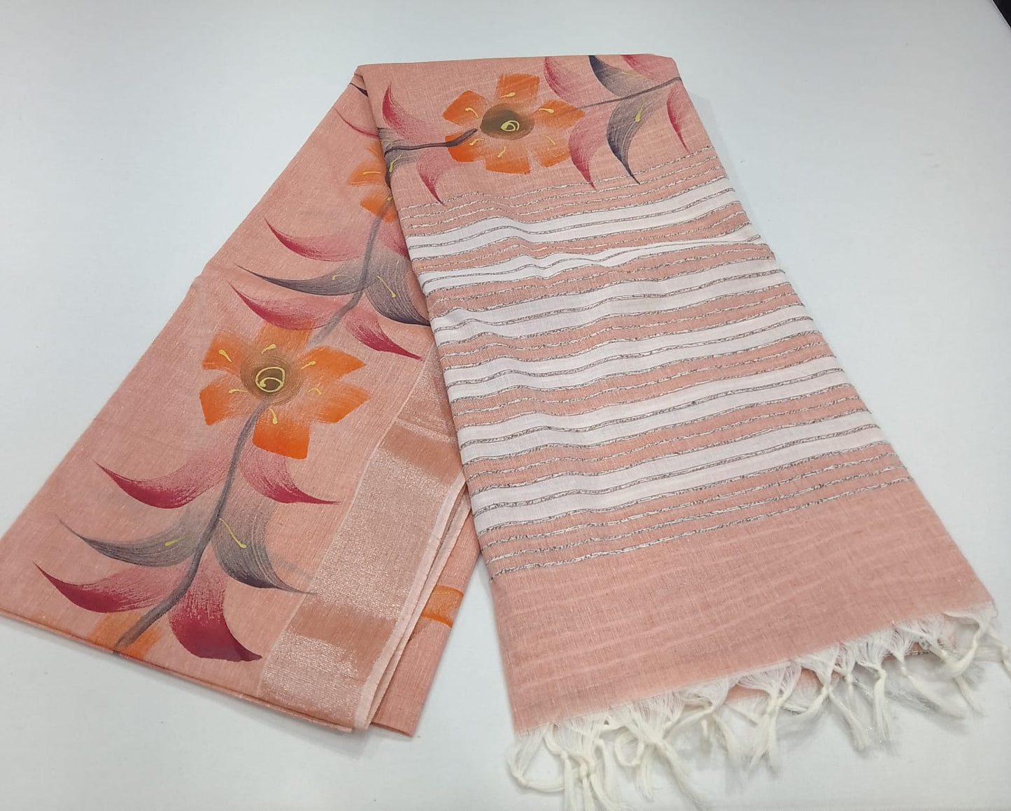 Jute Cotton Oil Paint Saree in Blush Peach with Artistic Floral Design