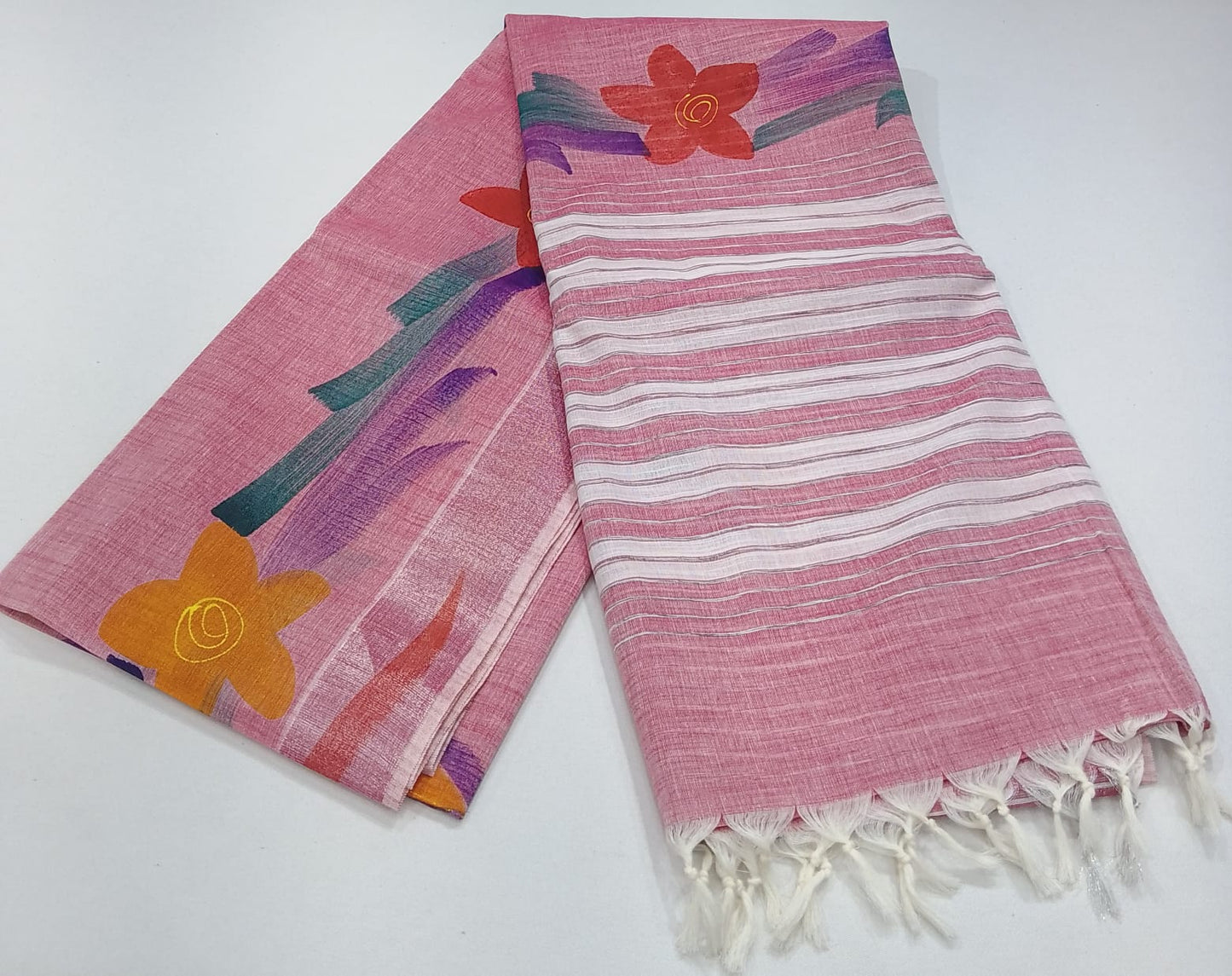 Elegant Pastel Pink Jute Cotton Saree with Artistic Floral Oil Paint Design