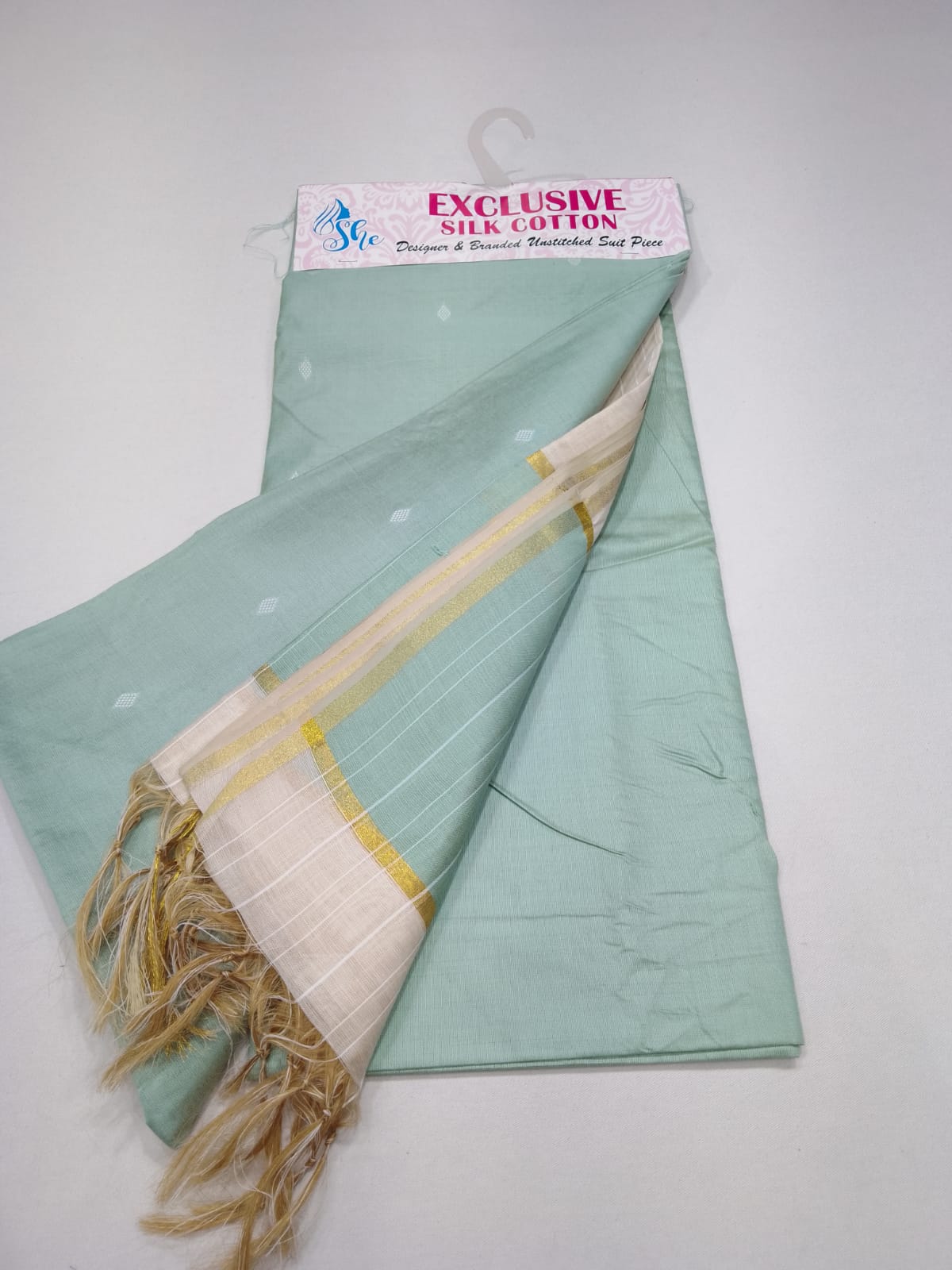Elegant Mint Green Cotton Silk 3PC Salwar Suit Dress Material with Zari Border Dupatta