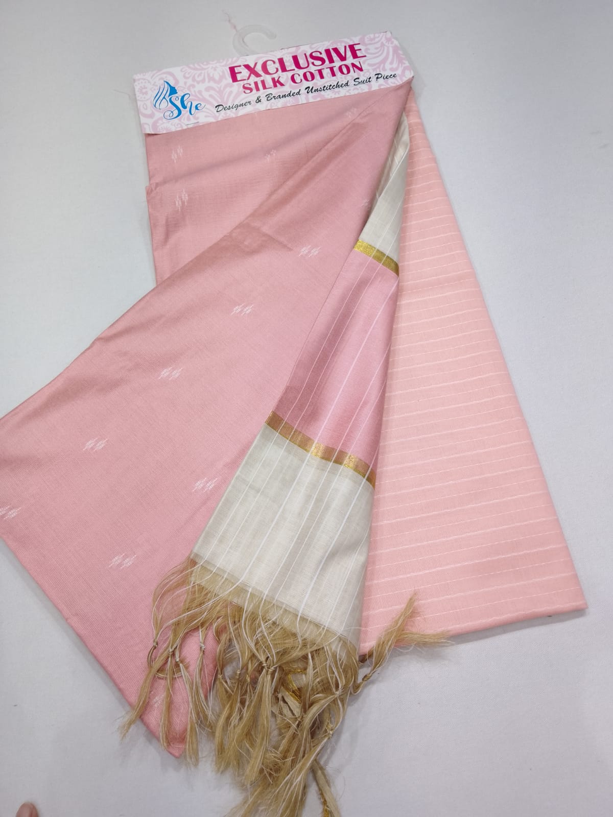 Elegant Baby Pink Cotton Silk 3PC Salwar Suit Dress Material with Zari Border Dupatta