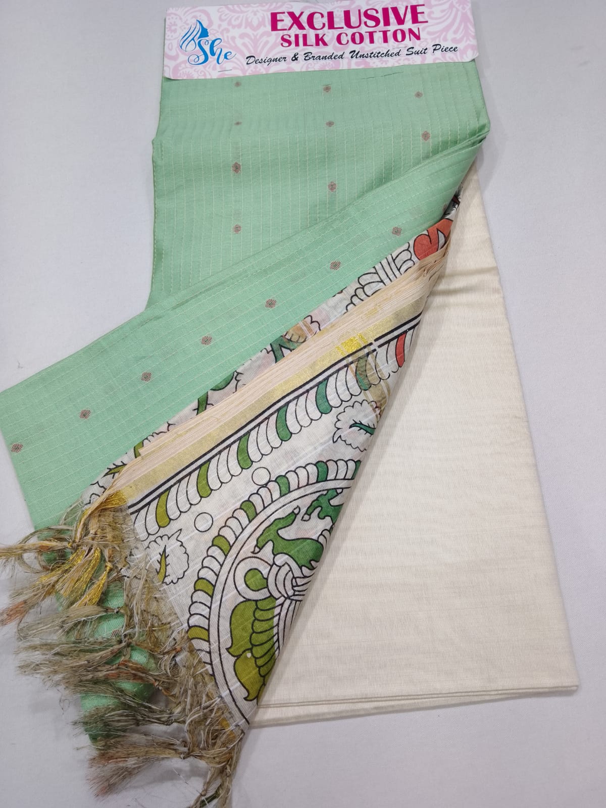 Refreshing Mint Green Cotton Silk Salwar Suit with Kalamkari Dupatta – 3PC Dress Material