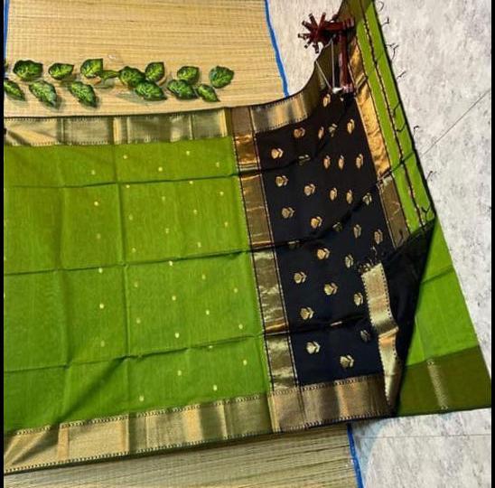 Parrot Green & Black Maheshwari Cotton Silk Saree with Golden Zari Border