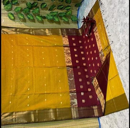 Mustard Yellow & Maroon Maheshwari Cotton Silk Saree with Golden Zari Border