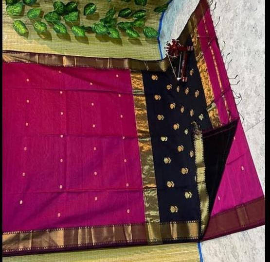 Rani Pink & Black Maheshwari Cotton Silk Saree with Golden Zari Border