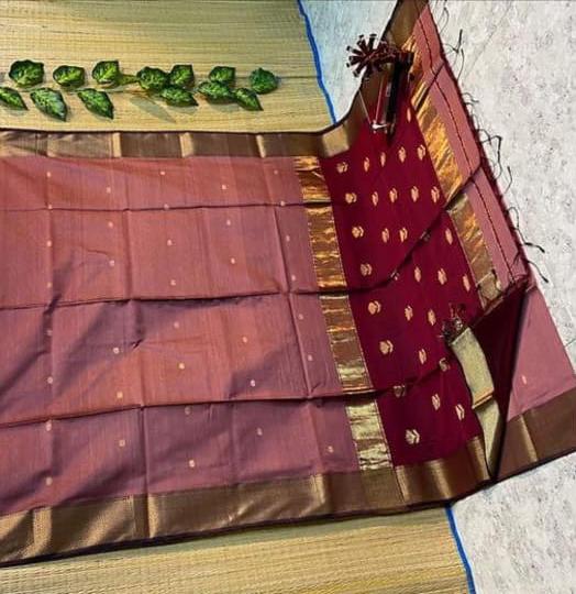 Dusty Rose & Maroon Maheshwari Cotton Silk Saree with Golden Zari Border