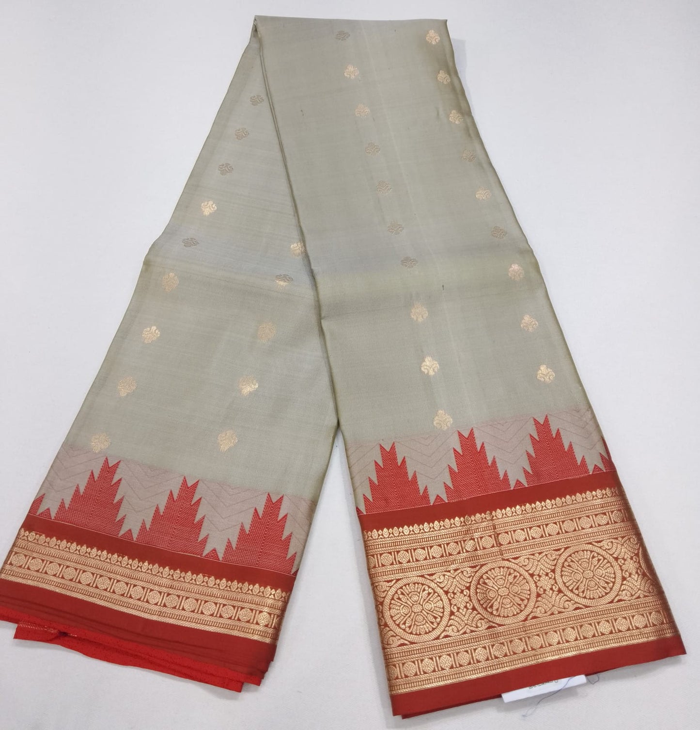 Silver Grey & Brownish Red Pure Kanjivaram Handloom Silk Saree with Temple Border