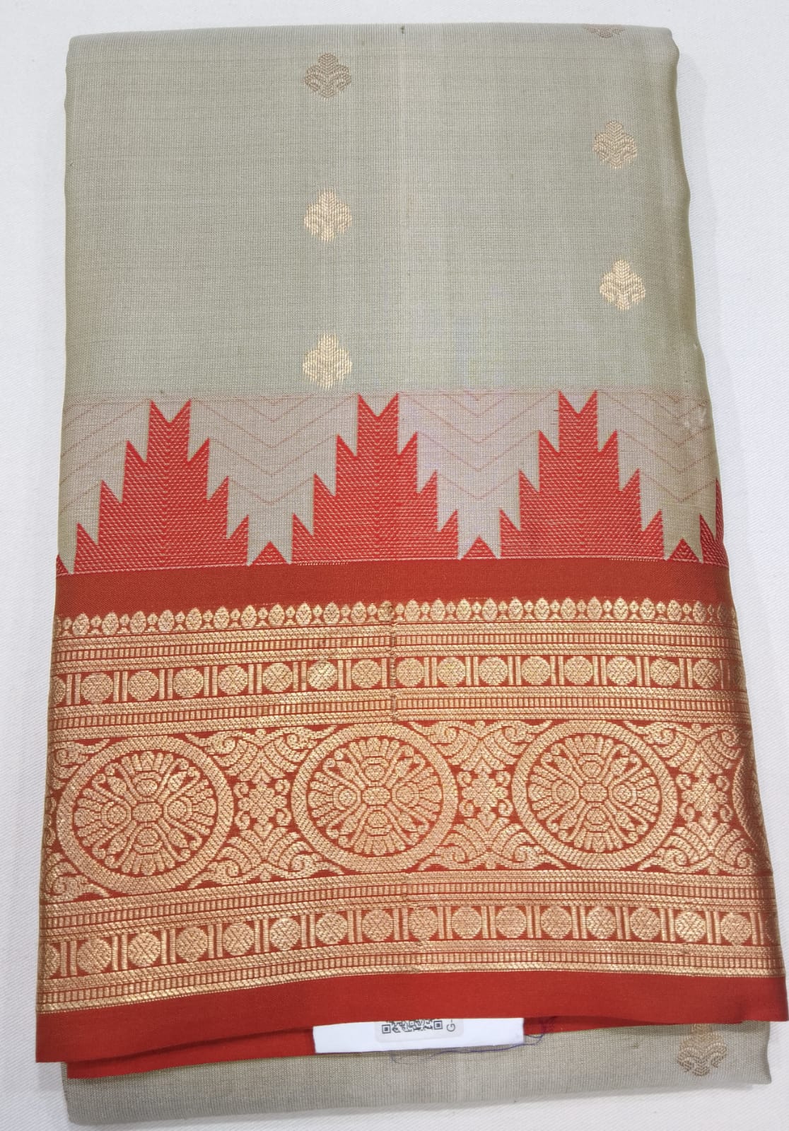 Silver Grey & Brownish Red Pure Kanjivaram Handloom Silk Saree with Temple Border