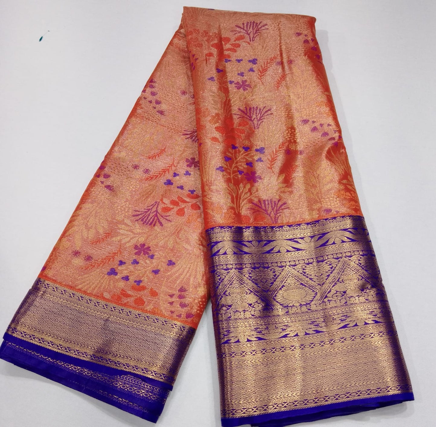 Peach Pink & Royal Blue with Rich Gold Zari