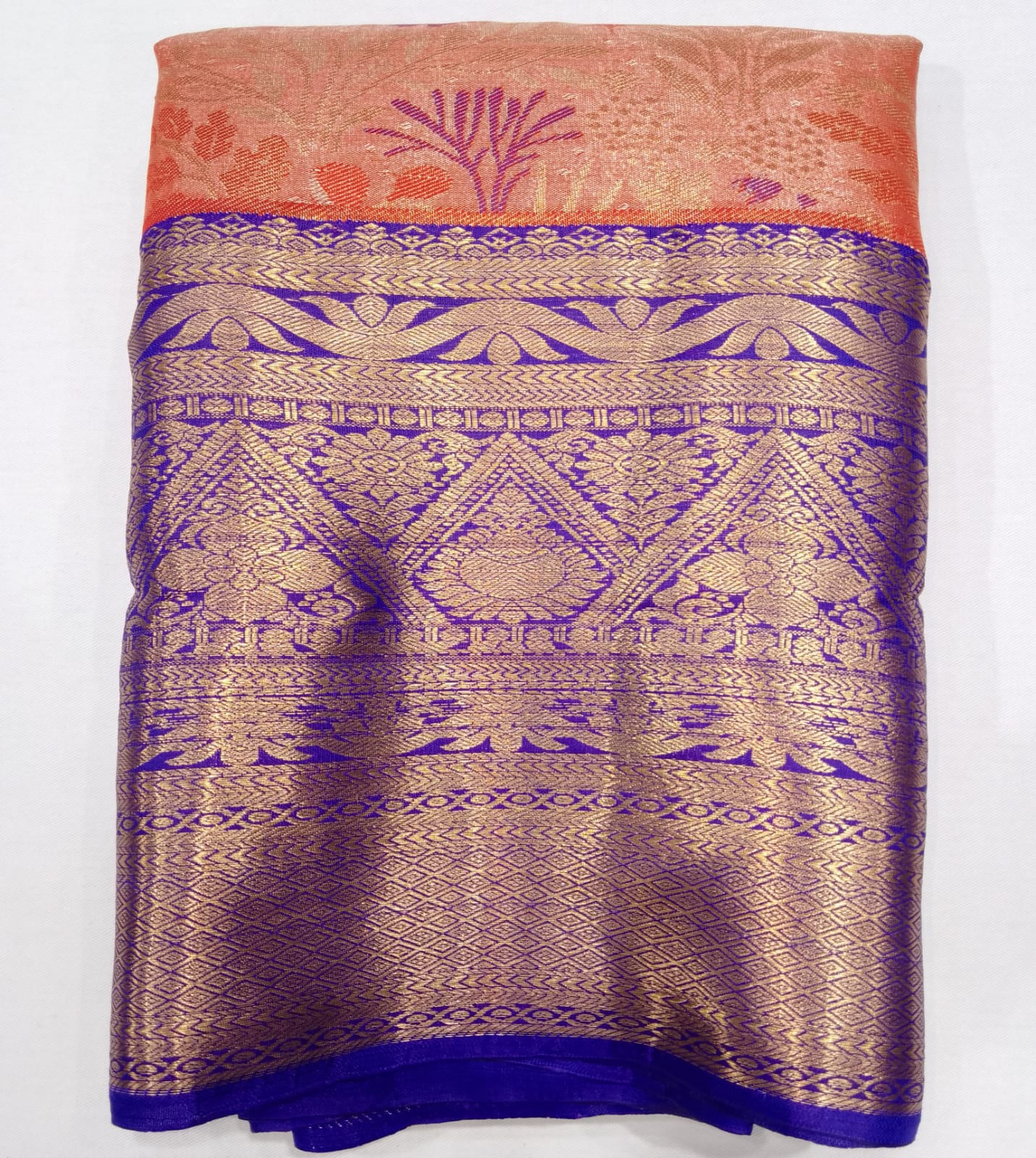 Peach Pink & Royal Blue with Rich Gold Zari