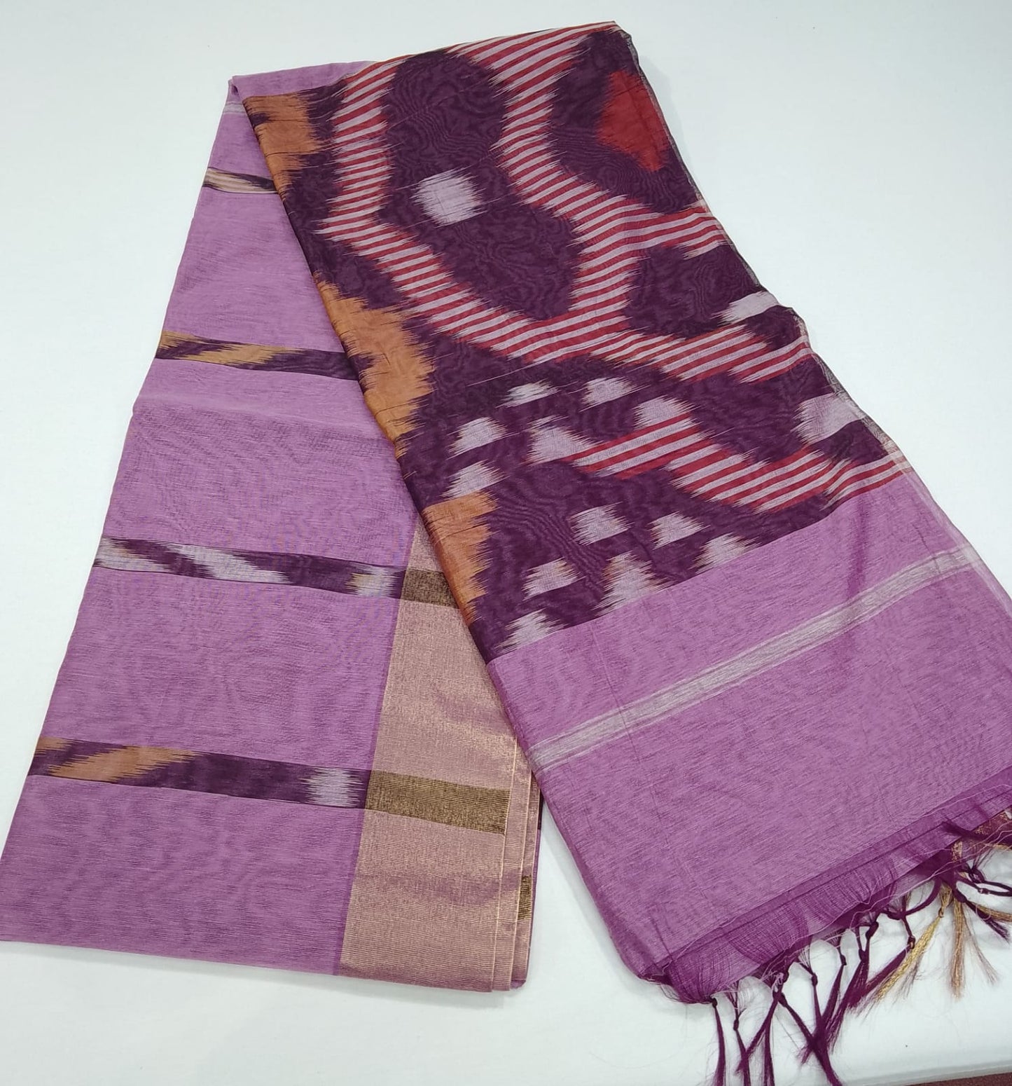 Cotton Silk Saree in Lavender Pink with Designer Ikat Pallu