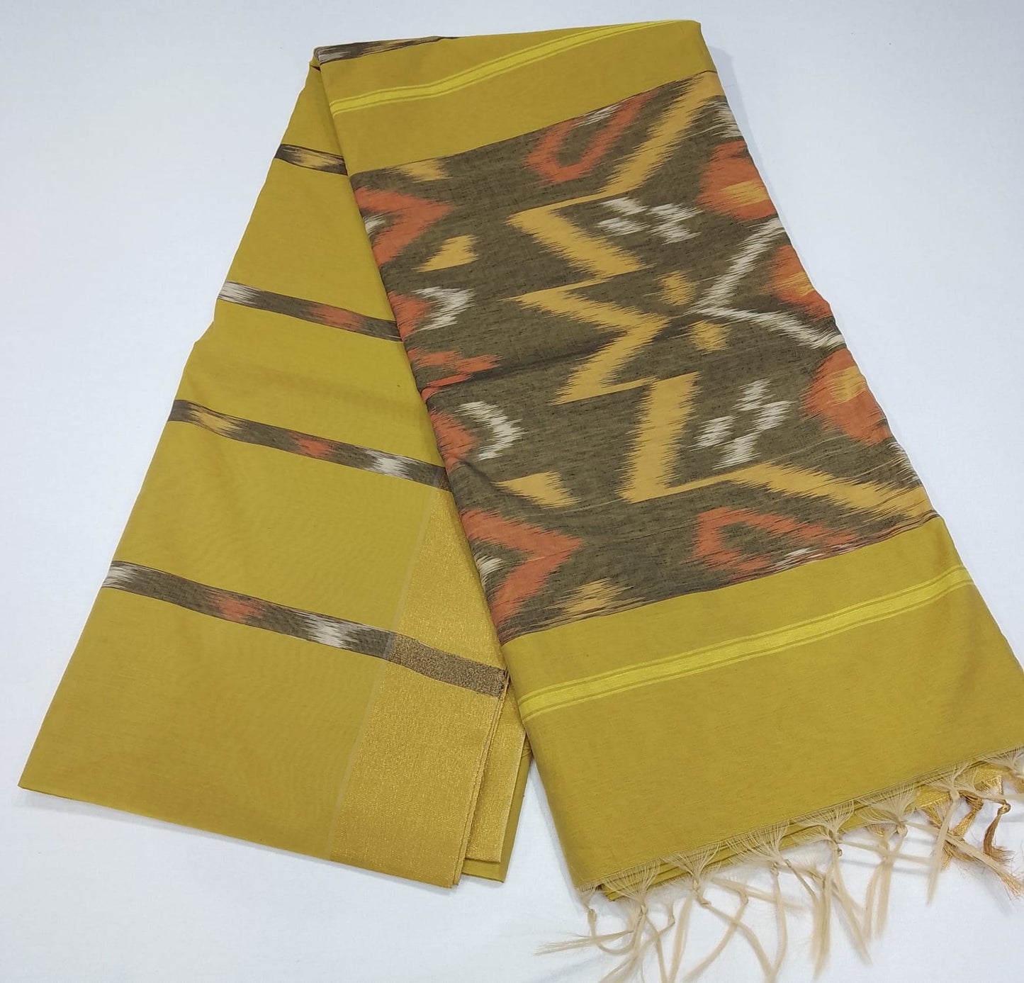 Cotton Silk Pochampally Ikat Saree in Olive Mustard with Traditional Designer Pallu