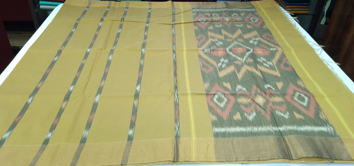 Cotton Silk Pochampally Ikat Saree in Olive Mustard with Traditional Designer Pallu