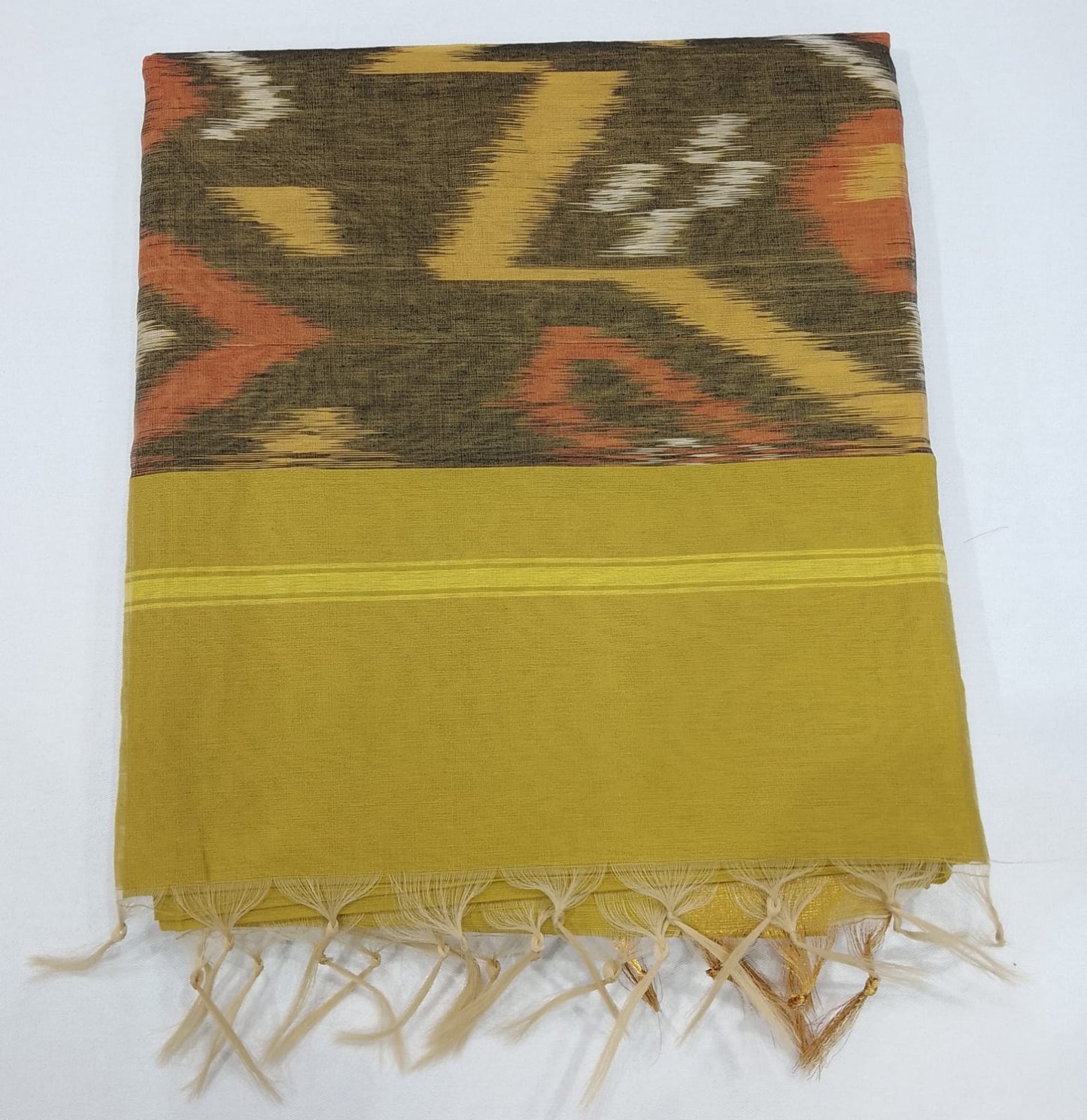 Cotton Silk Pochampally Ikat Saree in Olive Mustard with Traditional Designer Pallu