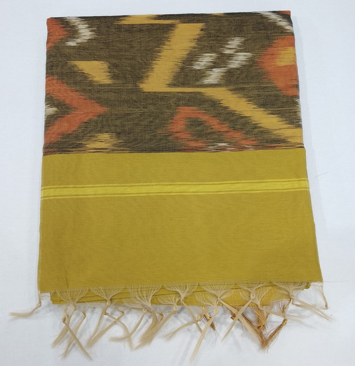 Cotton Silk Pochampally Ikat Saree in Olive Mustard with Traditional Designer Pallu