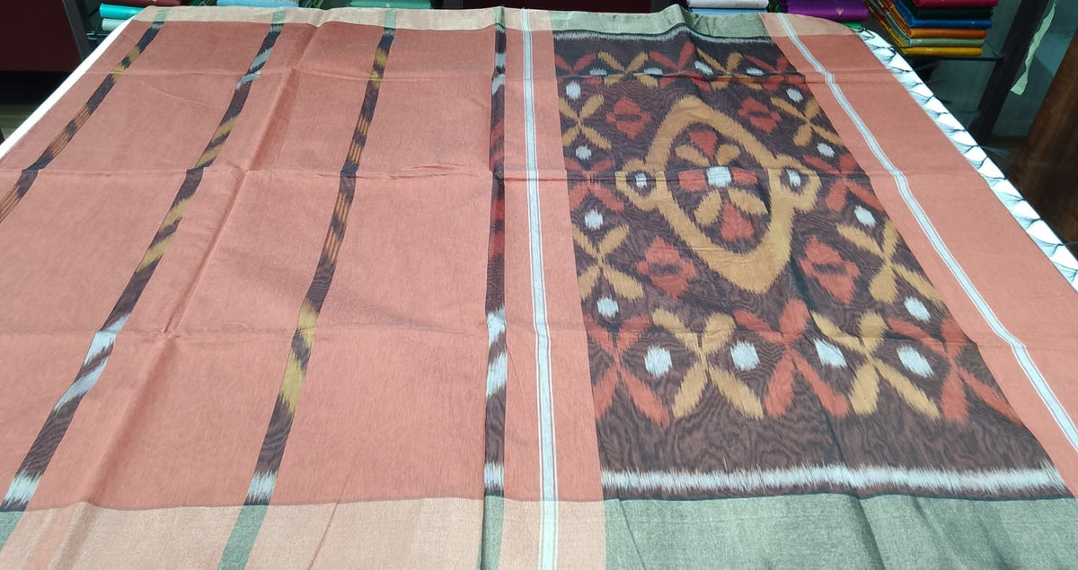Silk Cotton Pochampally Ikat Saree in Peach Coral with Traditional Designer Pallu